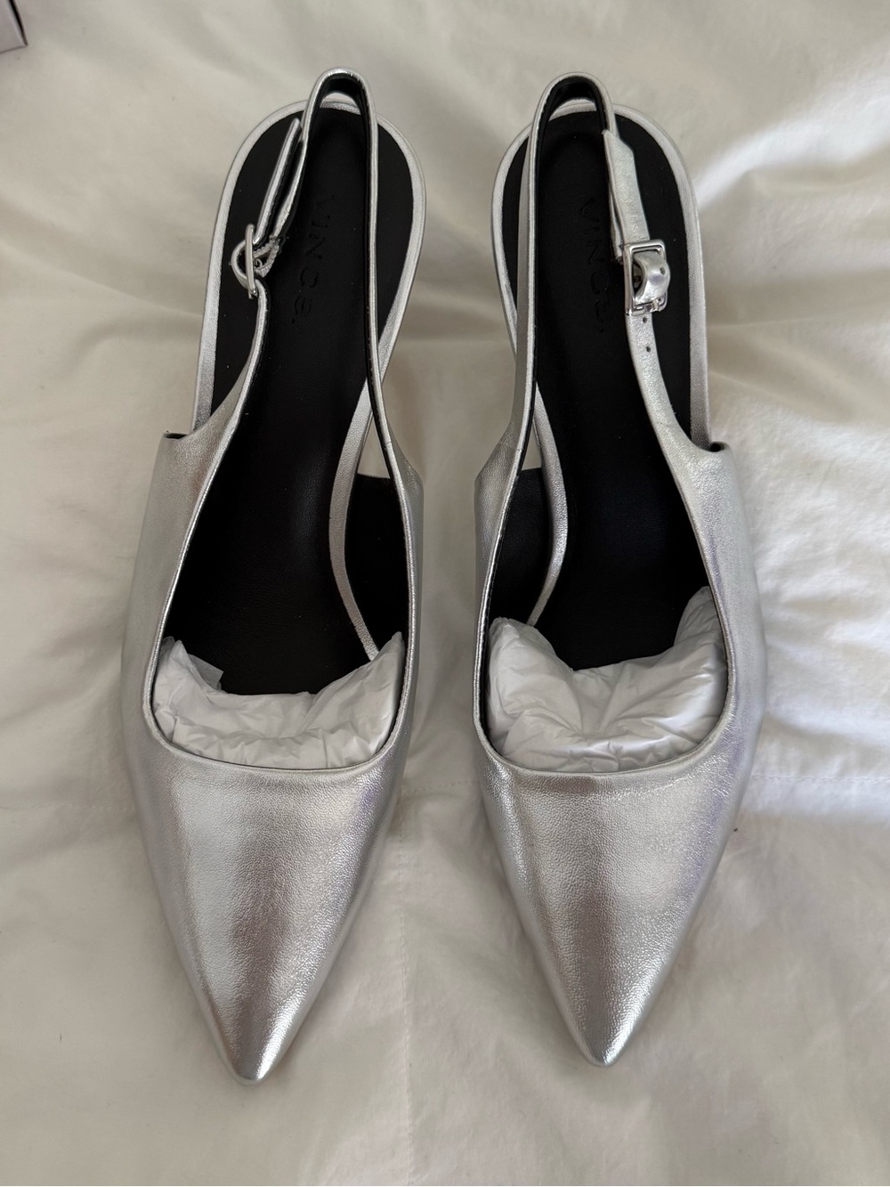 Vince Metallic Silver Pointed Slingback Heels